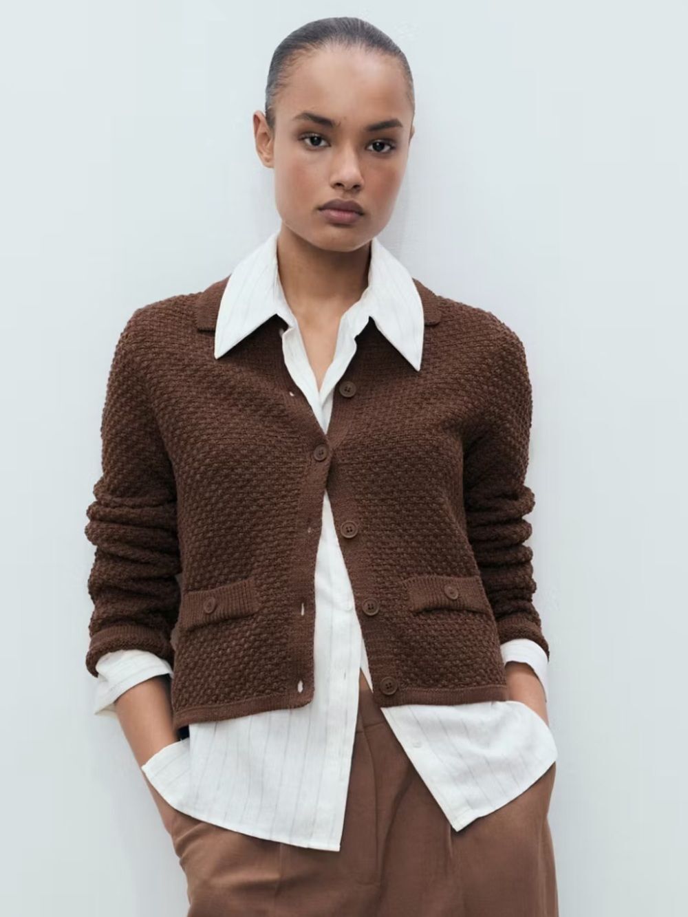 Mango Chocolate Brown Knit POLO-NECK KNITTED JACKET Sweater XS